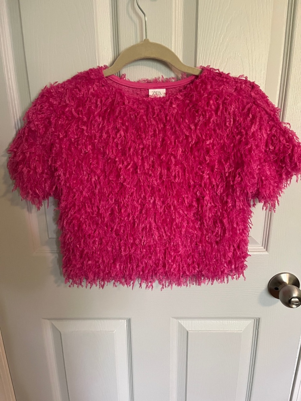 Zara Bright Pink Shaggy Short-Sleeve Sweater Top